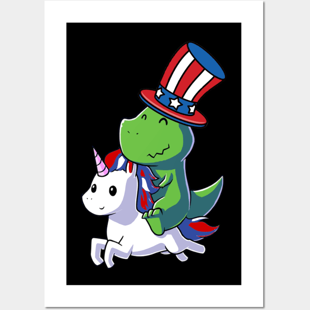 Dinosaur T-Rex Dinosaur Unicorn 4th of July American Flag Wall Art by Studio Hues